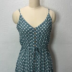 Brovave Womens M Teal White Polka Dot Maxi Dress Button Front Boho